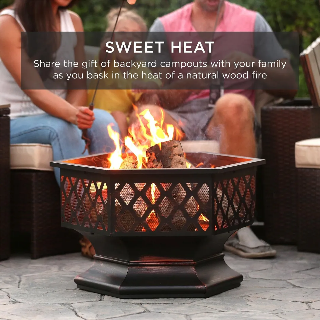 Best Choice Products 24in Hex-Shaped Steel Fire Pit for Garden, Backyard, Poolside w/ Flame-Retardant Mesh Lid, photo 6 of 7