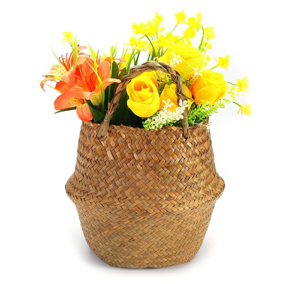 Set of 2 Handmade Rustic Storage Baskets Foldable Laundry Straw Patchwork Wicker Rattan Seagrass Belly Garden Flower Pot Planter Basket Garden Accessories, photo 6 of 10