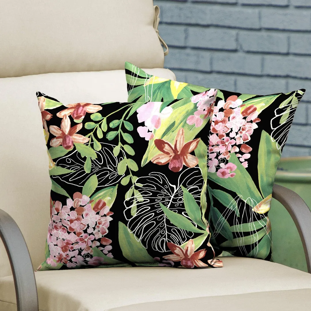 Better Homes & Gardens Black Tropical 16 x 16 in. Outdoor Toss Pillow w EnviroGuard, Set of 2, photo 2 of 7