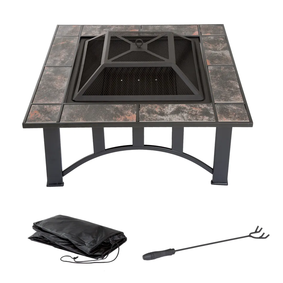 Pure Garden Fire Pit Set, Wood Burning Pit - Includes Screen, Cover and Log Poker - Great for Outdoor and Patio, 33 inch Square Marble Tile Firepit by Pure Garden, photo 2 of 5