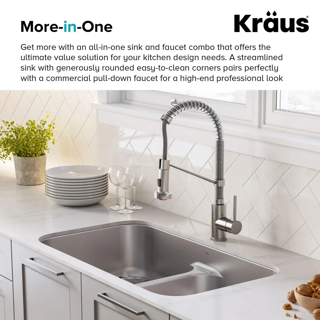 KRAUS Ellis 33-inch 16 Gauge Undermount Kitchen Sink Combo Set with Bolden 18-inch Pull-Down Commercial Kitchen Faucet, Stainless Steel Finish, photo 8 of 9