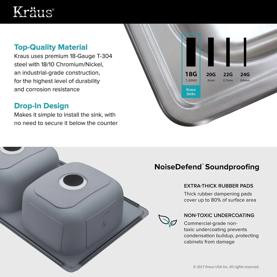 KRAUS 33 Inch Topmount 50/50 Double Bowl 18 Gauge Stainless Steel Kitchen Sink with NoiseDefend Soundproofing, photo 4 of 5