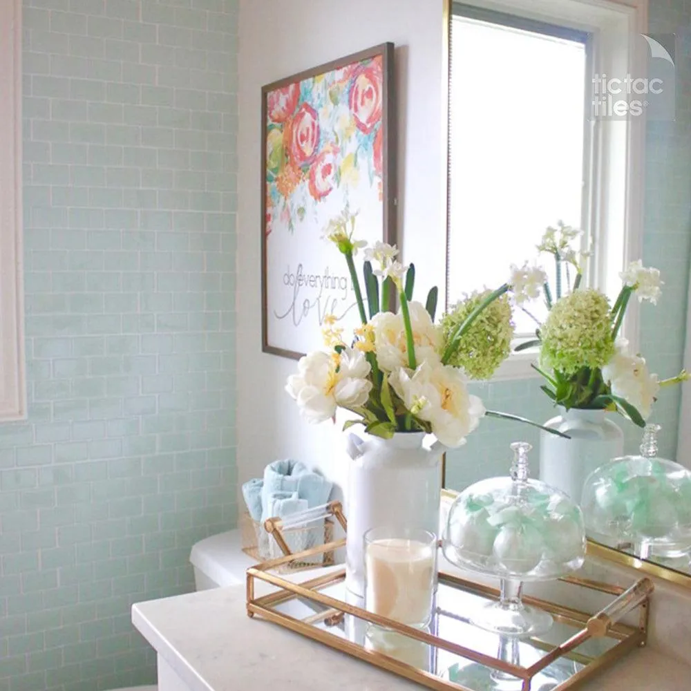 Tic Tac Tiles -12"x12" Premium Anti Mold Peel and Stick Wall Tile Backsplash in Subway Mist (5-Tiles), photo 4 of 7