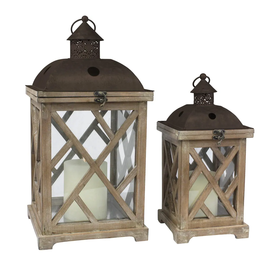 Stonebriar Collection Stonebriar Decorative Wooden Hurricane Candle Lantern Set - Indoor or Outdoor Use - Set of 2, photo 5 of 7